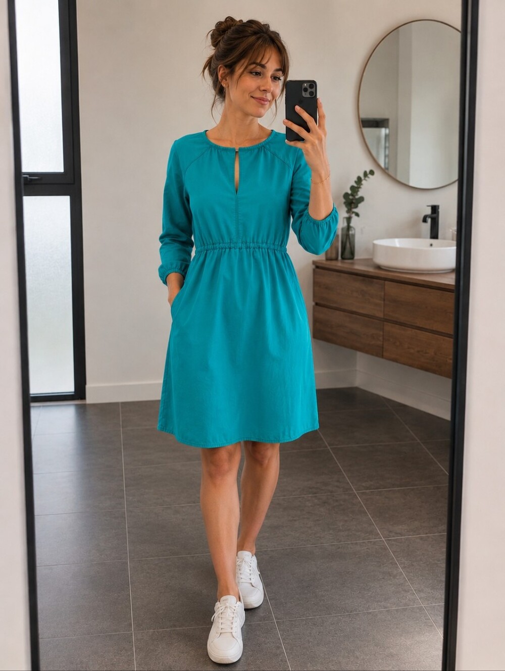Meemoza Teal Casual Flattering Cotton Dress